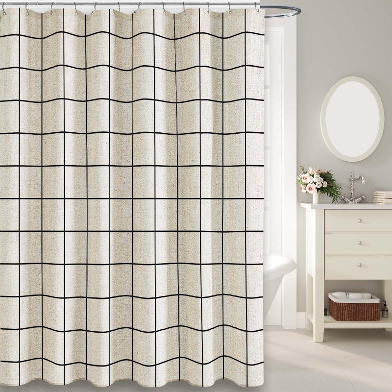 WOUVMA Farmhouse Plaid Shower Curtain Beige Linen Shower Curtains for Bathroom Natural Black Pattern 72 x 72 Inch - Image 4