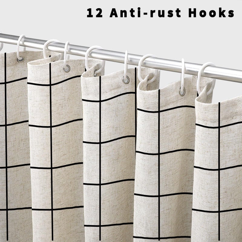 WOUVMA Farmhouse Plaid Shower Curtain Beige Linen Shower Curtains for Bathroom Natural Black Pattern 72 x 72 Inch - Image 2