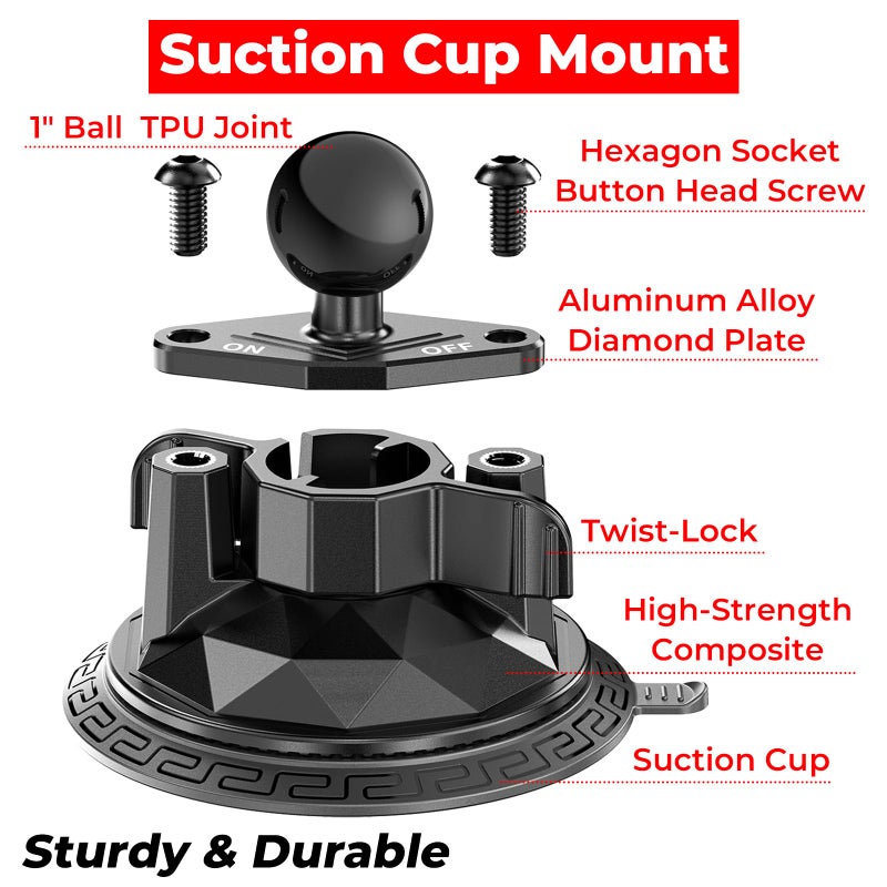 VAZESWIN 1" Ball Twist-Lock Suction Cup Mount, 3.5" Large Suction Cup Base for Vehicle Windshields, Compatible with RAM Mounts B Size 1" Ball Double Socket Arm, for GoPro Insta360 Camera Phone Holder - Image 2