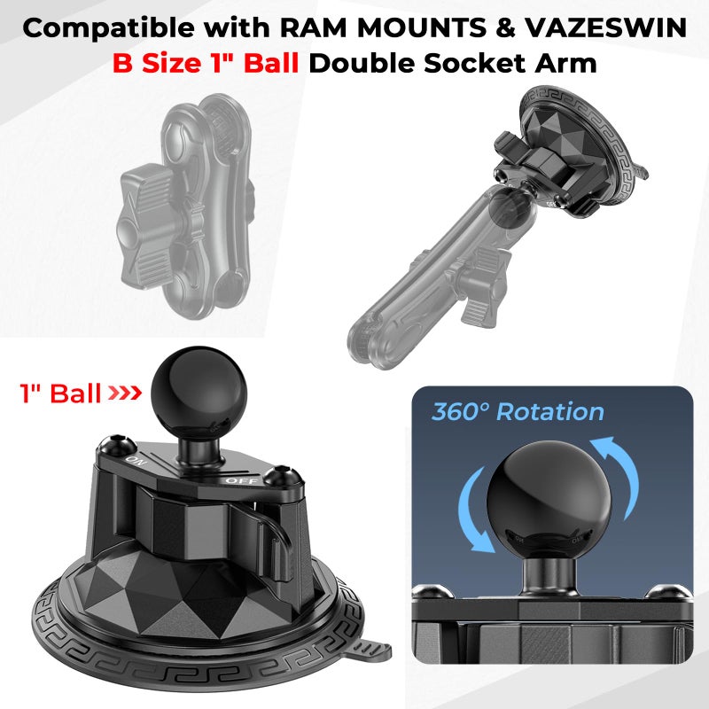 VAZESWIN 1" Ball Twist-Lock Suction Cup Mount, 3.5" Large Suction Cup Base for Vehicle Windshields, Compatible with RAM Mounts B Size 1" Ball Double Socket Arm, for GoPro Insta360 Camera Phone Holder - Image 5