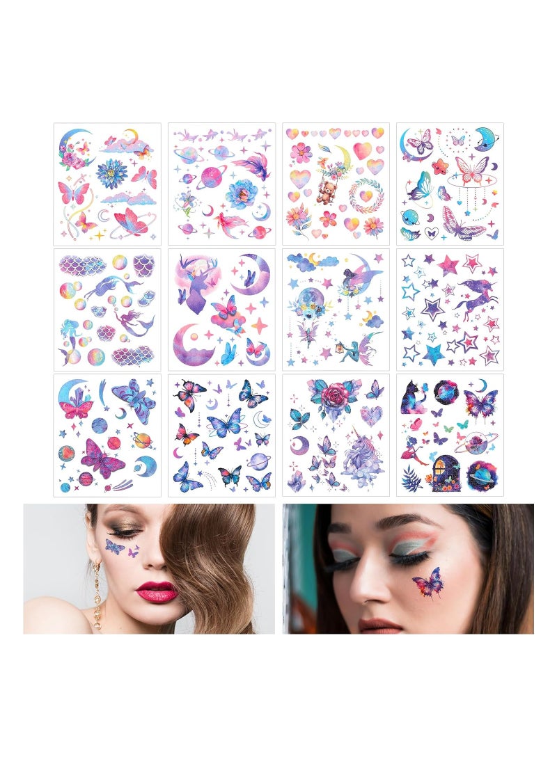 SYOSI تاتو فراشات لامعة، 12 ورقة تاتو مكياج للعين والوجه، تاتو مؤقت مقاوم للماء بأجنحة سحرية وزهور قمر حورية يونيكورن، لنساء وفتيات لمستلزمات حفلات الموسيقى والمهرجانات - Image 1