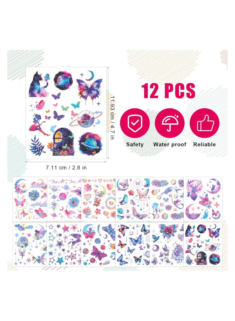 SYOSI تاتو فراشات لامعة، 12 ورقة تاتو مكياج للعين والوجه، تاتو مؤقت مقاوم للماء بأجنحة سحرية وزهور قمر حورية يونيكورن، لنساء وفتيات لمستلزمات حفلات الموسيقى والمهرجانات - Image 3
