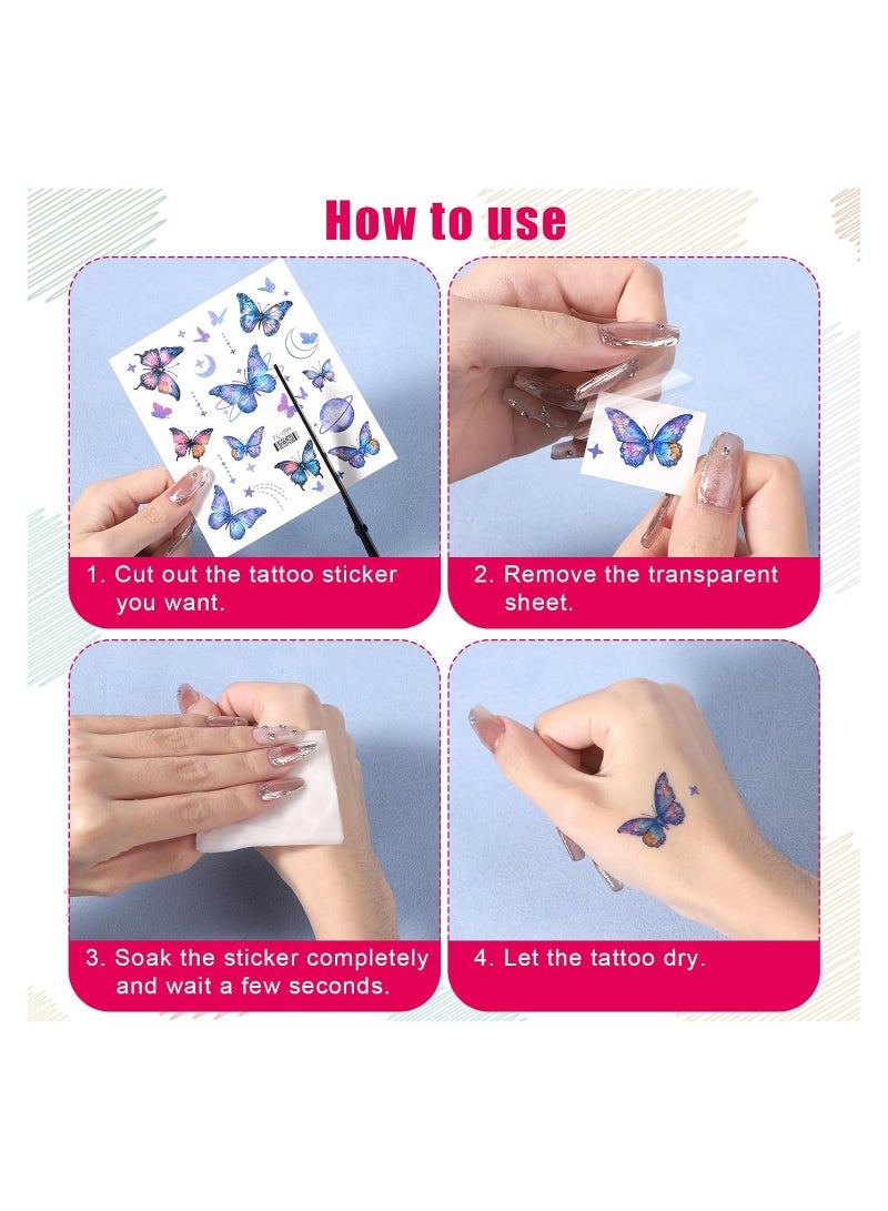 SYOSI تاتو فراشات لامعة، 12 ورقة تاتو مكياج للعين والوجه، تاتو مؤقت مقاوم للماء بأجنحة سحرية وزهور قمر حورية يونيكورن، لنساء وفتيات لمستلزمات حفلات الموسيقى والمهرجانات - Image 2