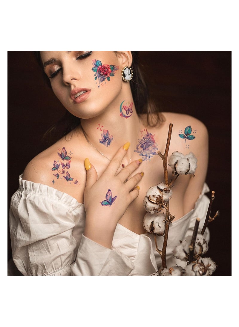 SYOSI تاتو فراشات لامعة، 12 ورقة تاتو مكياج للعين والوجه، تاتو مؤقت مقاوم للماء بأجنحة سحرية وزهور قمر حورية يونيكورن، لنساء وفتيات لمستلزمات حفلات الموسيقى والمهرجانات - Image 4