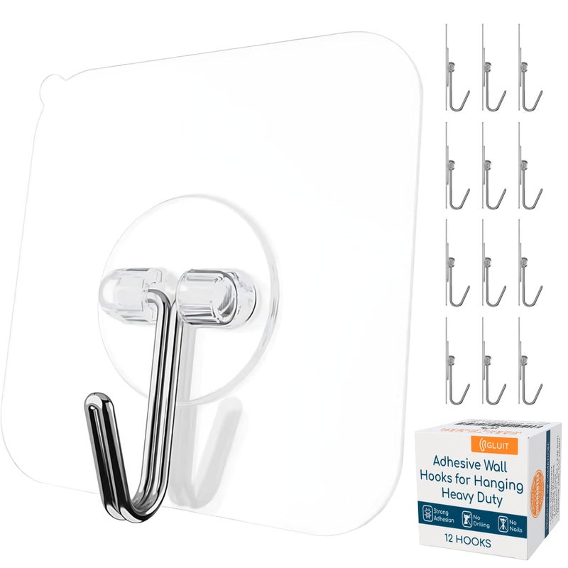 GLUIT Adhesive Wall Hooks for Hanging Heavy Duty 22 lbs Hooks for Walls No Damage Towel Sticky Clear Hook Waterproof Home Bathroom Kitchen Office and Outdoor 12 Pack
