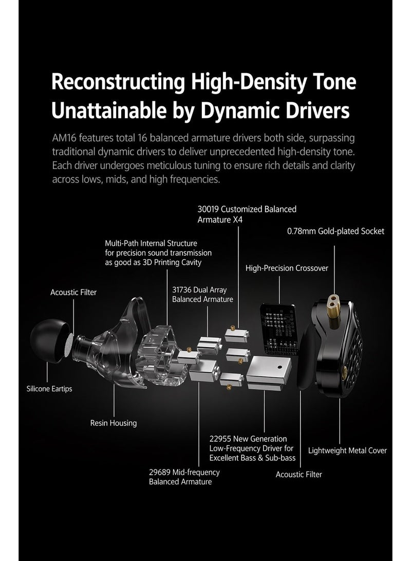 KZ AM16 iem Bass-Enhanced Edition, 16 Balanced Armature Drivers with 8BA per Side, Wired 3.5mm Professional HiFi In-Ear Monitors with Dual 6mm Microphones, Deep Powerful Bass, 5Hz–45kHz Ultra-Wide Frequency Response, Precision Three-Way Crossover, High-Frequency BA Array, Lightweight Metal Faceplate, Ergonomic Resin Housing and Detachable 0.75mm 2-Pin Silver-Plated Cable for Audiophile Music and Professional Monitoring (AUX, Dual Mic) - Image 5
