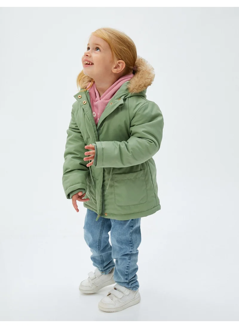 كوتون Hooded Coat Plush Lined Elastic Waist Pocket Wind Flap