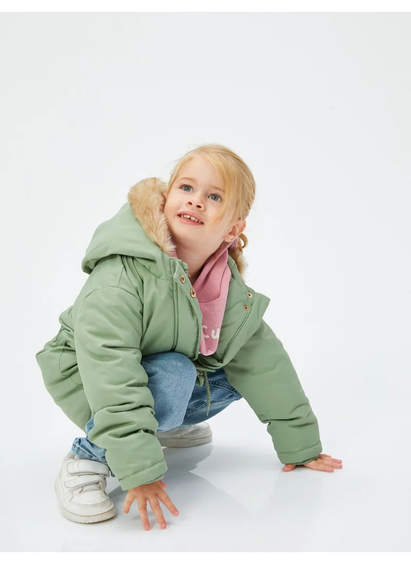 كوتون Hooded Coat Plush Lined Elastic Waist Pocket Wind Flap