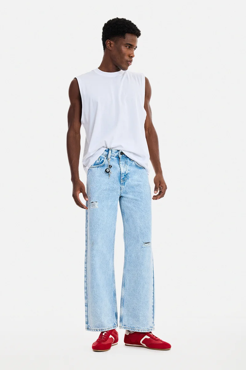 سنيتش Light Blue Solid Loose Fit Streetwear Jeans