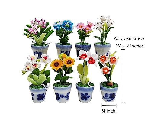 WitnyStore Tiny 2" High 8 Pieces Set Mix Hand Made Artificial Flowers Realistic Colorful Miniature Modelling Clay Flower Pots Brilliant Variety of Imitation House Plant Species Home Decoration - Image 2