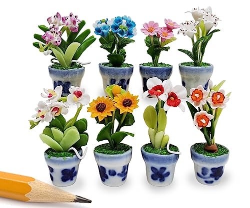 WitnyStore Tiny 2" High 8 Pieces Set Mix Hand Made Artificial Flowers Realistic Colorful Miniature Modelling Clay Flower Pots Brilliant Variety of Imitation House Plant Species Home Decoration - Image 1