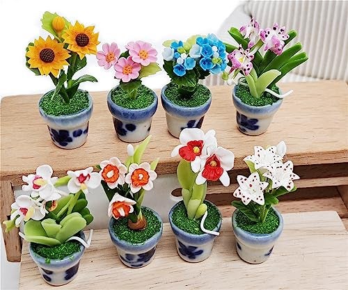 WitnyStore Tiny 2" High 8 Pieces Set Mix Hand Made Artificial Flowers Realistic Colorful Miniature Modelling Clay Flower Pots Brilliant Variety of Imitation House Plant Species Home Decoration - Image 4
