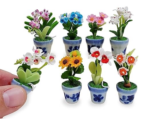 WitnyStore Tiny 2" High 8 Pieces Set Mix Hand Made Artificial Flowers Realistic Colorful Miniature Modelling Clay Flower Pots Brilliant Variety of Imitation House Plant Species Home Decoration - Image 3