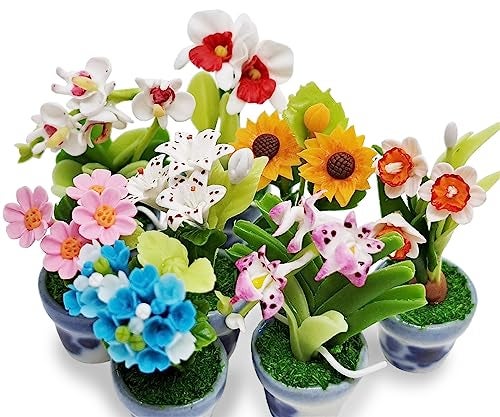 WitnyStore Tiny 2" High 8 Pieces Set Mix Hand Made Artificial Flowers Realistic Colorful Miniature Modelling Clay Flower Pots Brilliant Variety of Imitation House Plant Species Home Decoration - Image 5