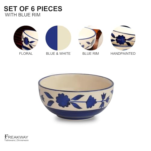 Freakway Hand-Painted Glossy Floral Ceramic Bowl Set of 6 (180ml) | Small Serving Soup Bowls, Cereal Bowl, Pasta Bowls | Dishwasher & Microwave Safe - Blue - Image 3