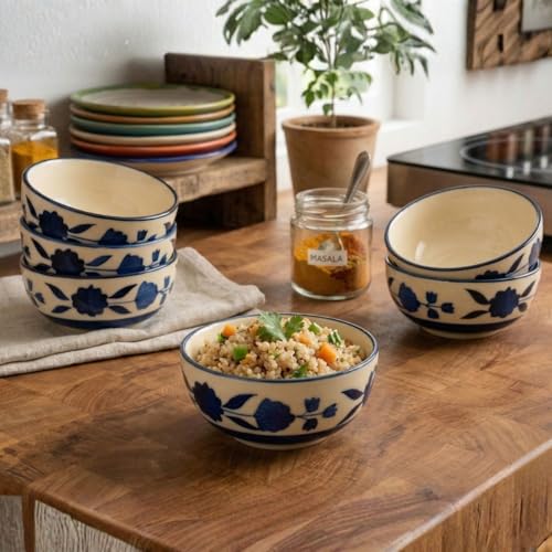 Freakway Hand-Painted Glossy Floral Ceramic Bowl Set of 6 (180ml) | Small Serving Soup Bowls, Cereal Bowl, Pasta Bowls | Dishwasher & Microwave Safe - Blue - Image 1
