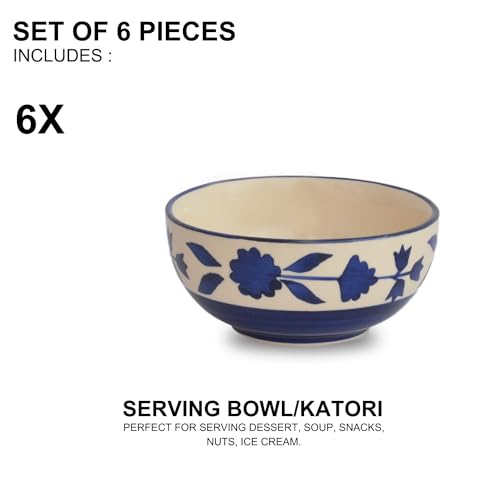 Freakway Hand-Painted Glossy Floral Ceramic Bowl Set of 6 (180ml) | Small Serving Soup Bowls, Cereal Bowl, Pasta Bowls | Dishwasher & Microwave Safe - Blue - Image 4