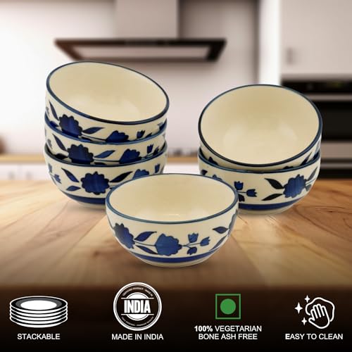 Freakway Hand-Painted Glossy Floral Ceramic Bowl Set of 6 (180ml) | Small Serving Soup Bowls, Cereal Bowl, Pasta Bowls | Dishwasher & Microwave Safe - Blue - Image 5