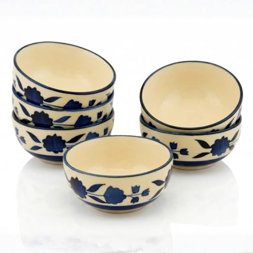 Freakway Hand-Painted Glossy Floral Ceramic Bowl Set of 6 (180ml) | Small Serving Soup Bowls, Cereal Bowl, Pasta Bowls | Dishwasher & Microwave Safe - Blue - Image 2
