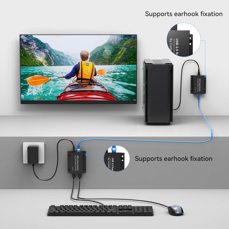 CMSTEDCD USB Extender Over Ethernet USB 2.0 HUB RJ45 Cat5e/6, 196ft/60m, up to 480Mbps Transfer Rate No Driver Required Supports POC Power Supply, Supports Connecting Keyboard Mouse U Disk Printer etc. - Image 2