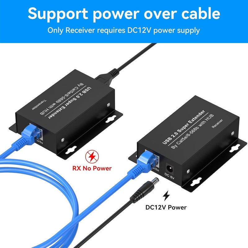CMSTEDCD USB Extender Over Ethernet USB 2.0 HUB RJ45 Cat5e/6, 196ft/60m, up to 480Mbps Transfer Rate No Driver Required Supports POC Power Supply, Supports Connecting Keyboard Mouse U Disk Printer etc. - Image 4