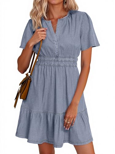 Simplee Apparel Simplee Womens Summer Denim Dress Casual Short Sleeve Mini Dress Boho Beach Flowy Tiered Short Jean Dresses with Pockets,Denim Sky Blue,S - Image 1