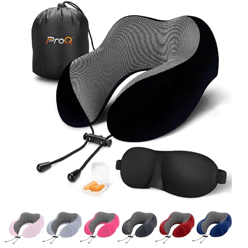 ProQ Neck Pillow for Travelling – Comfortable Memory Foam Cushion, Ergonomic U-Shape Support, Portable Flight Accessory, Compact Lightweight Design, Washable Cover Included, Black - Image 1