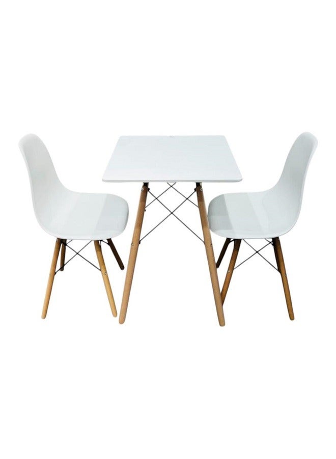 Generic Modern design table and chairs set for home and apartment, consisting of two chairs, plastic seats, wooden legs and a metal frame 