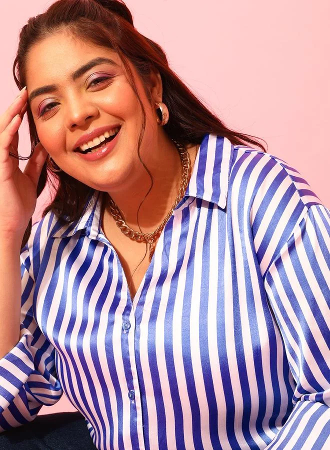 STREET 9 قميص مخطط بأكمام طويلة من ستريت  بلس أزرق