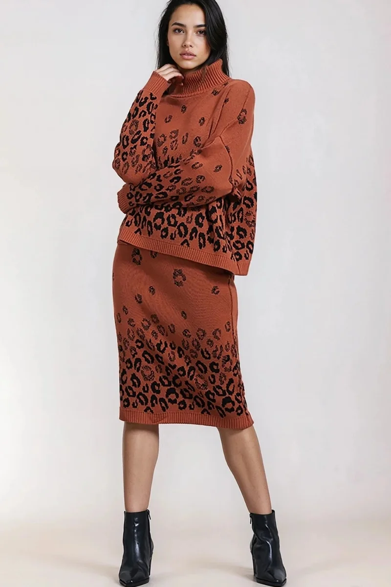 Little Mistress Knitted Leopard Midi Skirt And Jumper Co-Ord Set