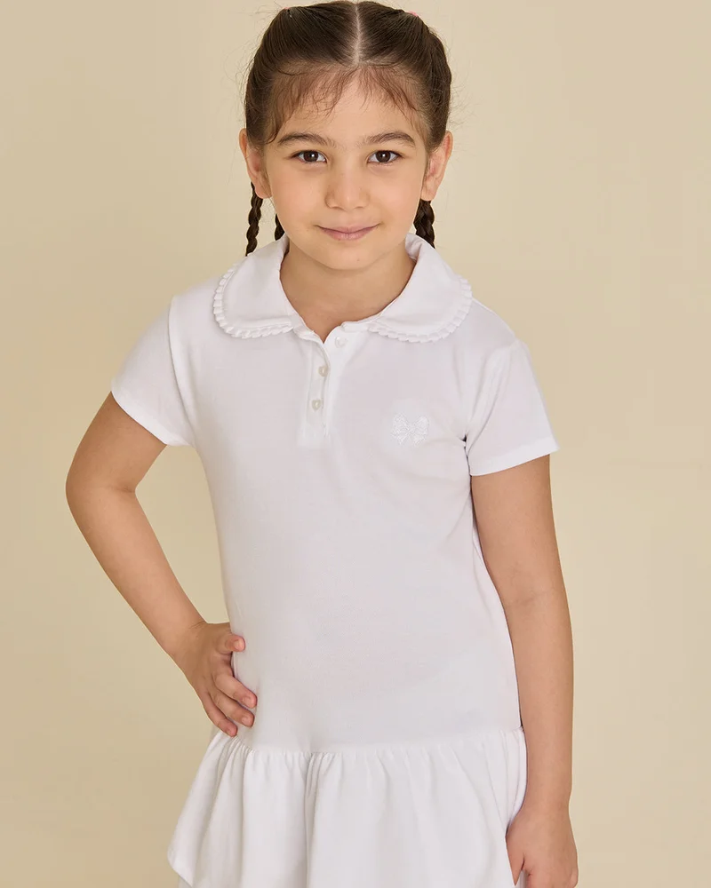 Redtag Girls White Polo Frill Tiered Pique Dress