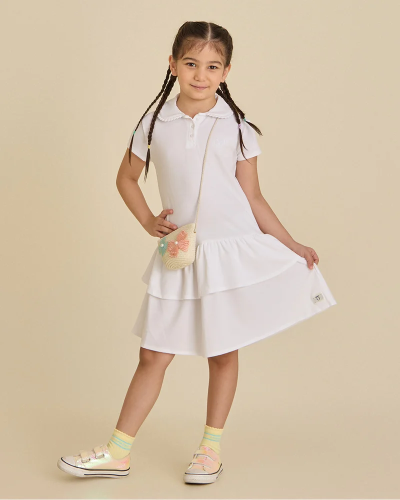 Redtag Girls White Polo Frill Tiered Pique Dress