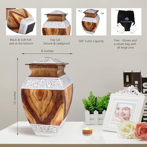 NANIURN Urn for Ashes for Women & Male, Cremation Urns for Human Ashes Adult Female and Man, Funeral Decorative Urns, Large Square Model, Brown Wood Texture, Burial, Aluminium - Full Size - Image 3