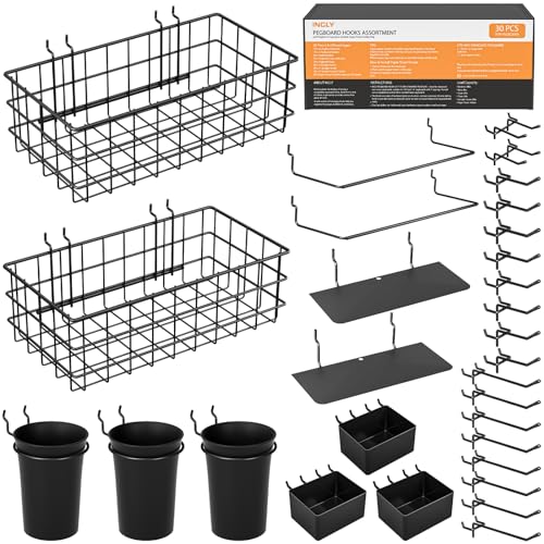 INCLY 30PCS Peg Board Organizer Accessories Kit, Pegboard Hooks Assortment with Bins, Cups, Wire Baskets and Paper Towel Holder for 1/8“ and 1/4” Pegboard Garage Workbench Craft Room Organizing Tools - Image 1