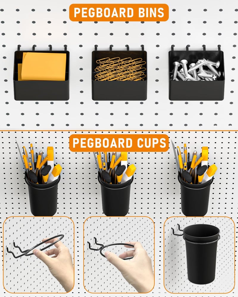 INCLY 30PCS Peg Board Organizer Accessories Kit, Pegboard Hooks Assortment with Bins, Cups, Wire Baskets and Paper Towel Holder for 1/8“ and 1/4” Pegboard Garage Workbench Craft Room Organizing Tools - Image 4