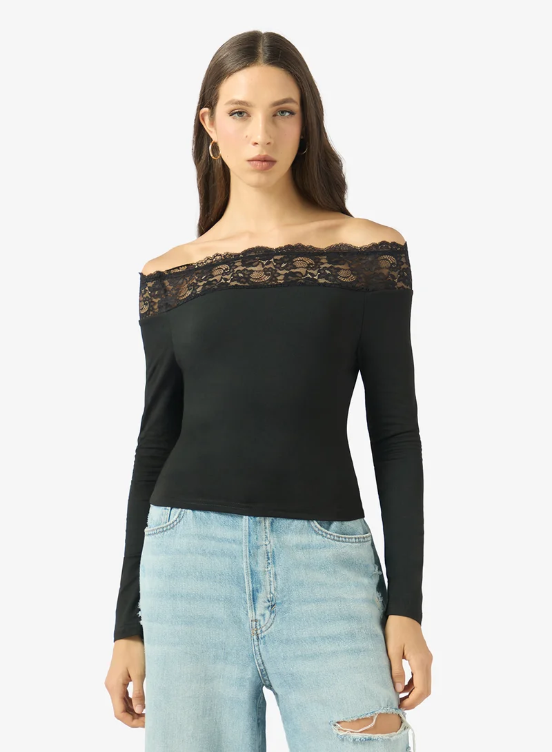 Ginger Lace Detail Boat Neck Top