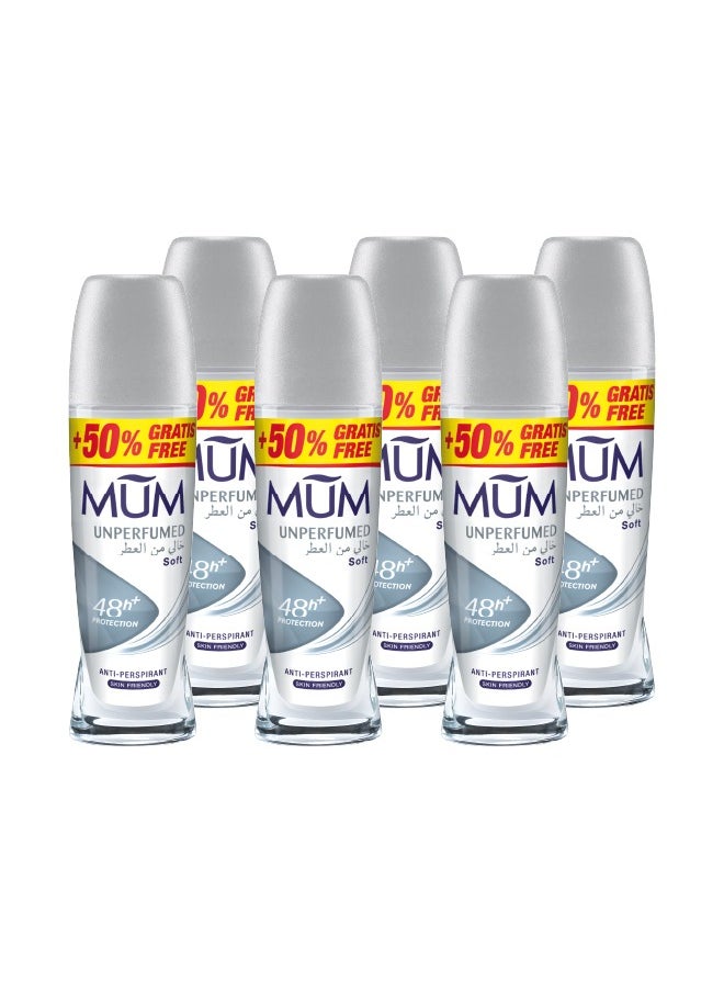 MUM - Deodorant Roll-On Unperfumed, Pack of 6, 75ml Each - Gentle and Effective Protection, Alcohol-Free, Ideal for Sensitive Skin - Image 1