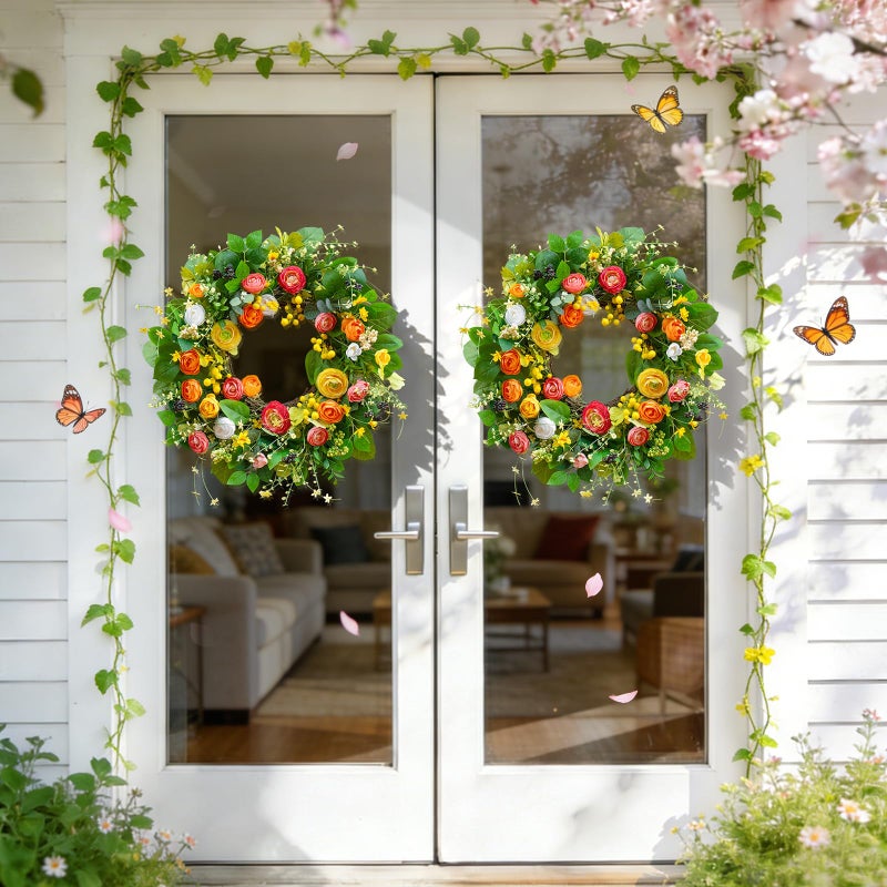 Soomeir Spring Wreaths for Front Door Outside 24 Inch, Summer Wreath Outdoor with Lotus and Berries, Green Floral Door Wreath for All Season Home Wall Wedding Farmhouse Holiday - Image 5