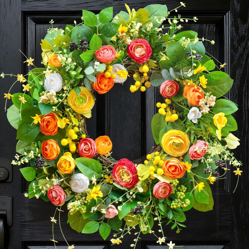 Soomeir Spring Wreaths for Front Door Outside 24 Inch, Summer Wreath Outdoor with Lotus and Berries, Green Floral Door Wreath for All Season Home Wall Wedding Farmhouse Holiday - Image 1