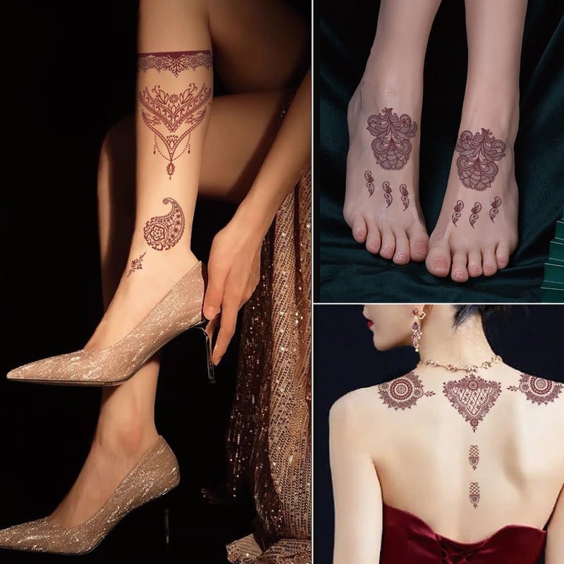 PPVWEY 10 Sheets Henna Tattoos Temporary Stickers 10Pcs Brown Tattoo Templates Women Body Art Stickers for Wedding Party(10pcs Brown) - Image 3