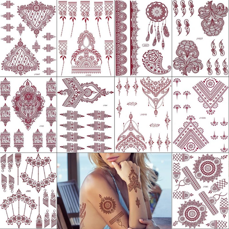 PPVWEY 10 Sheets Henna Tattoos Temporary Stickers 10Pcs Brown Tattoo Templates Women Body Art Stickers for Wedding Party(10pcs Brown) - Image 1