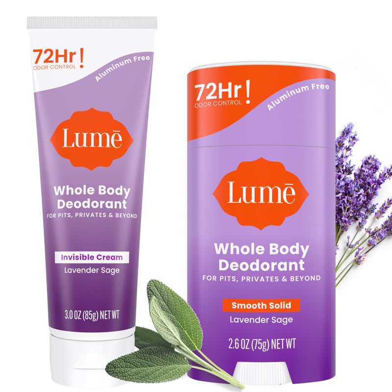 Lume Whole Body Deodorant - Invisible Cream and Solid - 72 Hour Odor Control - Aluminum Free, Baking Soda Free, Skin Safe - 3.0 Ounce Cream and 2.6 Ounce Solid Bundle (Lavender Sage) - Image 1