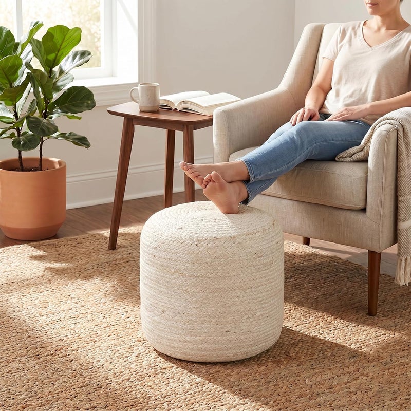 Palisa Jute Pouf Ottoman - Ivory, Boho Foot Rest Stool with Filler for Sofa, Kids Bedroom, Living Room, Outdoor Seat | Hand Woven Comfy Décor Chair Pouffs - 16x16x18 Inches - Image 1