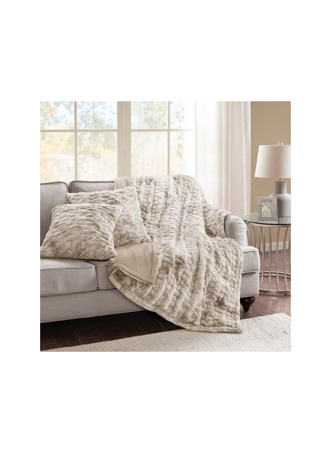 Comfort Spaces Comfort Spaces Luxurious & Fuzzy Soft Ruched Faux Fur Plush Throw Blanket Set with 2 Matching Square Pillow Covers, for Sofa,Chair, Couch, Living Room, Home Office, Tan Tie Dye 50"x 60"  - Image 1