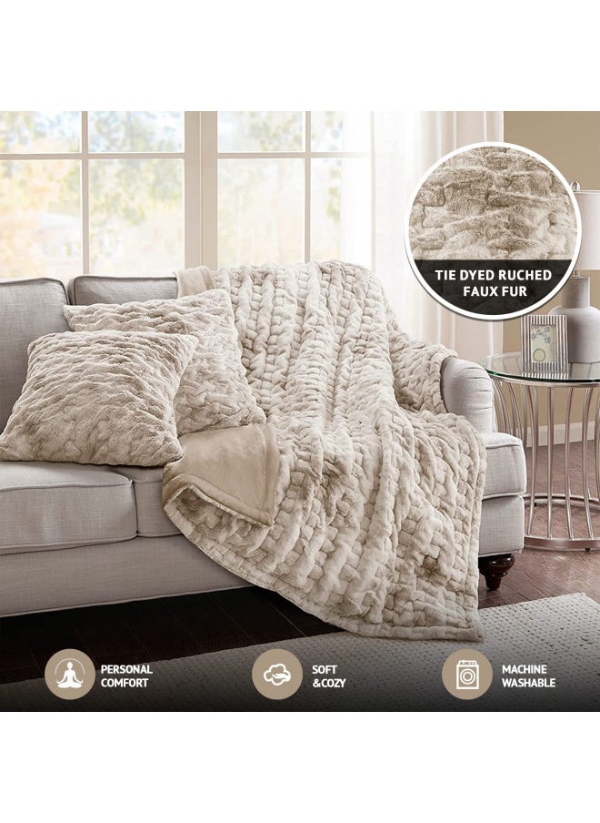 Comfort Spaces Comfort Spaces Luxurious & Fuzzy Soft Ruched Faux Fur Plush Throw Blanket Set with 2 Matching Square Pillow Covers, for Sofa,Chair, Couch, Living Room, Home Office, Tan Tie Dye 50"x 60"  - Image 3