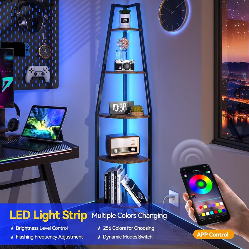 Furnulem رف زاوية مكون من 5 طبقات مع ضوء LED، ارتفاع 67.2 بوصة، رف قائم للزاوية، رف كتب ضيق لغرفة النوم، غرفة المعيشة، النباتات، رف تخزين خشبي، إطار معدني (بني ريفي) - Image 3
