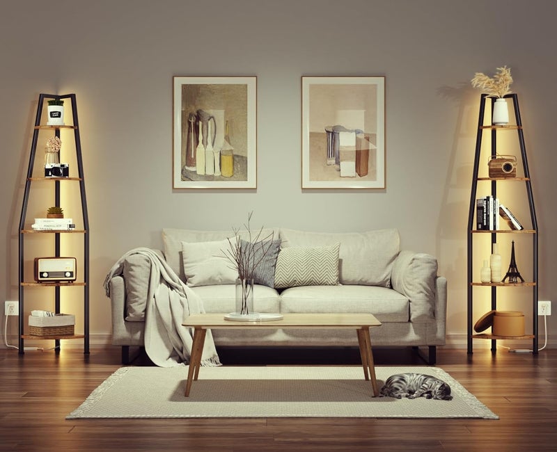Furnulem رف زاوية مكون من 5 طبقات مع ضوء LED، ارتفاع 67.2 بوصة، رف قائم للزاوية، رف كتب ضيق لغرفة النوم، غرفة المعيشة، النباتات، رف تخزين خشبي، إطار معدني (بني ريفي) - Image 5