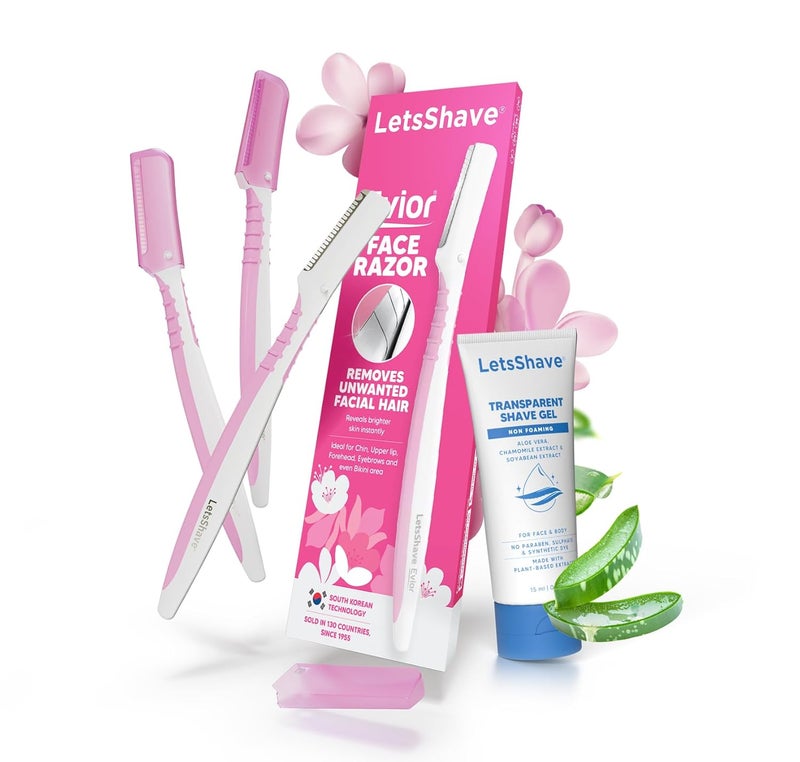 Lets Shave Evior Reusable Facial Razor for Women - Pack of 3 + 1 Transparent Shave Gel 15ml | Skin-Safe Pen Razors | for Eyebrows, Upper Lips, Chin & Sideburns | 150 Days of Dermaplaning - Image 1