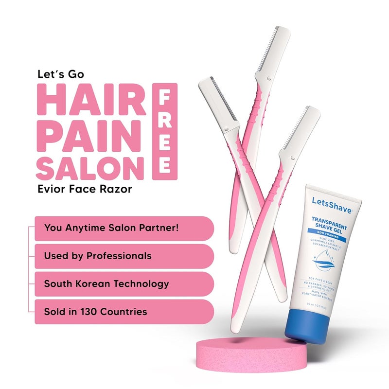 Lets Shave Evior Reusable Facial Razor for Women - Pack of 3 + 1 Transparent Shave Gel 15ml | Skin-Safe Pen Razors | for Eyebrows, Upper Lips, Chin & Sideburns | 150 Days of Dermaplaning - Image 2