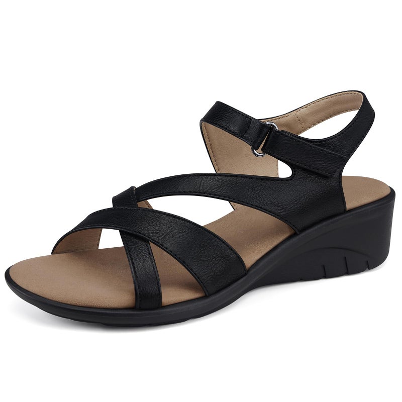 SHIBEVER Wedge Sandals for Women Dressy: Comfortable Summer Low Heel Sandals Casual Walking Dress Shoes Black Size 8 - Image 1